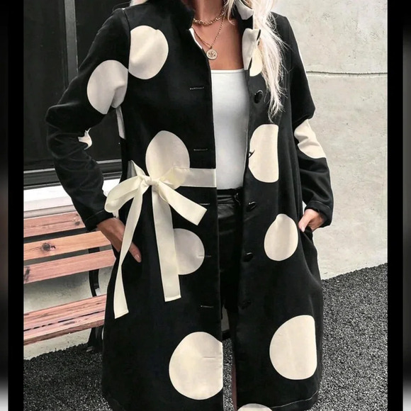 Women's Autumn/Winter Geometric Print Side Tie Long Sleeve Elegant Coat - Picture 2 of 5